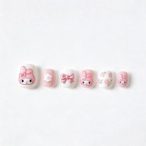 Cute My Melody Press-On Nails for Kids - Pink Cartoon Short Fake Nails