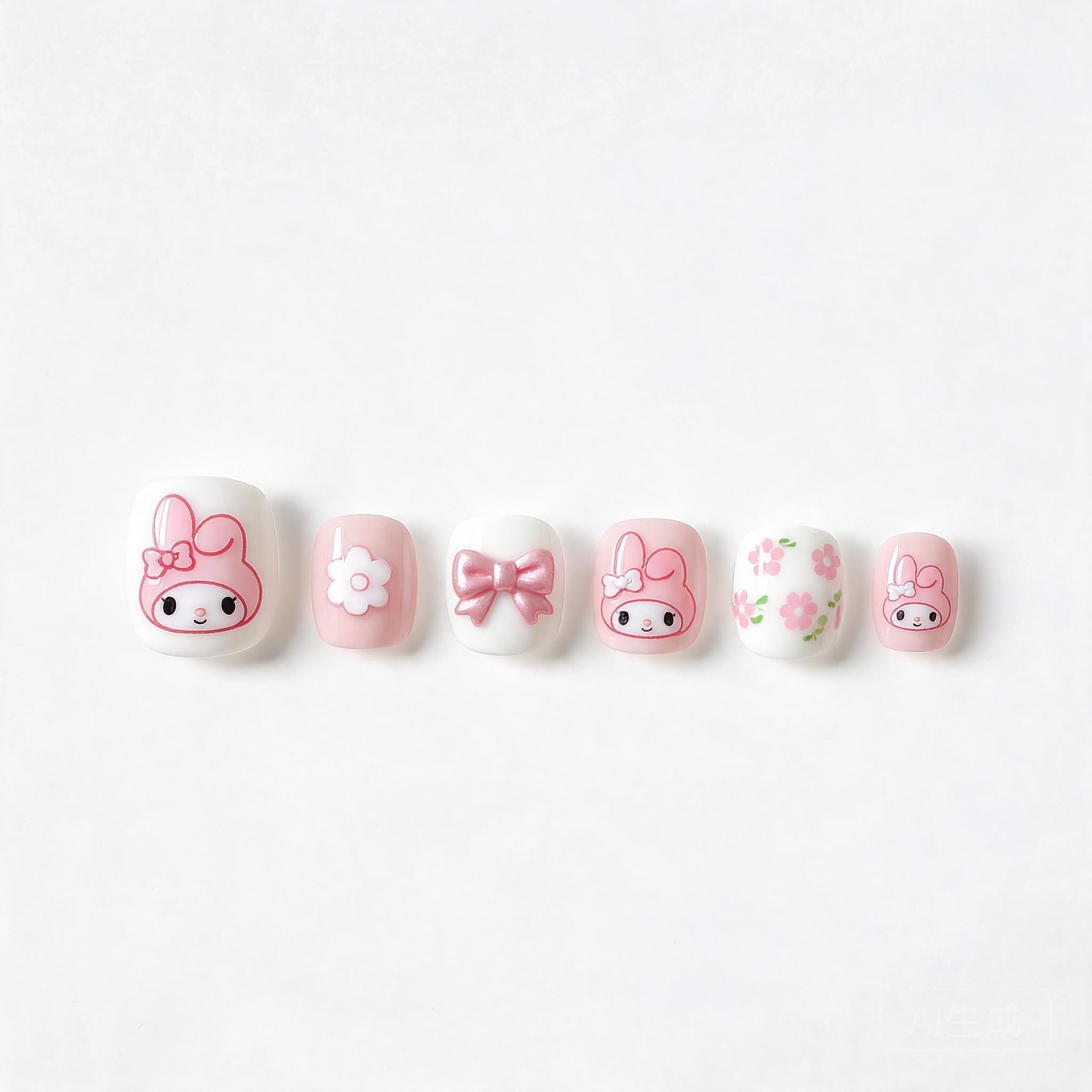 Cute My Melody Press-On Nails for Kids - Pink Cartoon Short Fake Nails