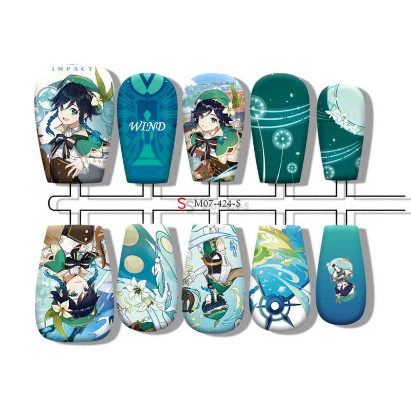 Venti anime press on nail design